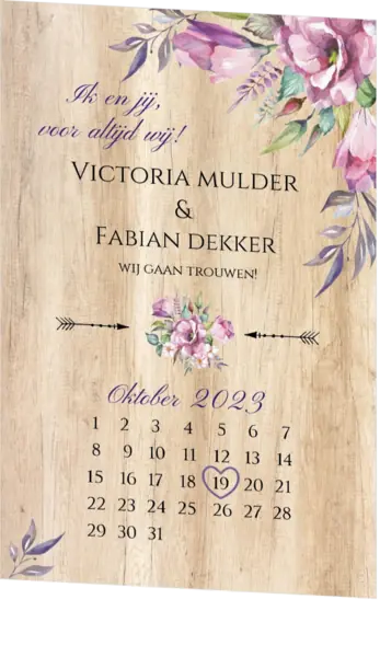 Huwelijkskaart - Hout met bloemen