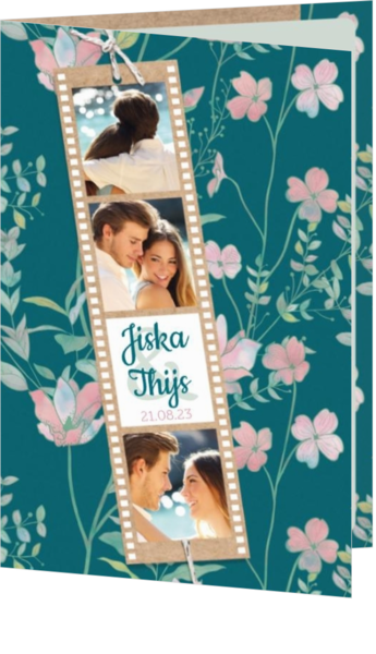 Huwelijkskaart - Filmstrip met bloemenpatroon