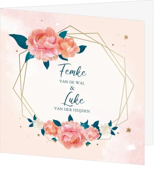 Huwelijkskaart - Roze bloemen met frame