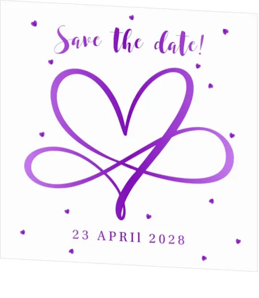 Save the date kaart - Hartjes paars foliedruk