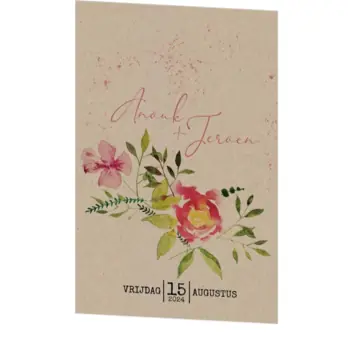 Huwelijkskaart - Aquarelbloemen op kraft - Roze