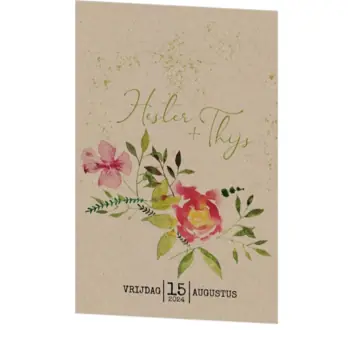 Huwelijkskaart - Aquarelbloemen op kraft - Groen