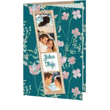 Huwelijkskaart - Filmstrip met bloemenpatroon