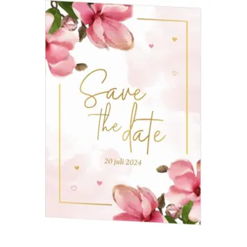 Save the date kaart roze bloemen waterverf met foliedruk
