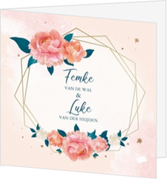 Huwelijkskaart - Roze bloemen met frame