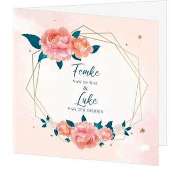 Huwelijkskaart - Roze bloemen met frame