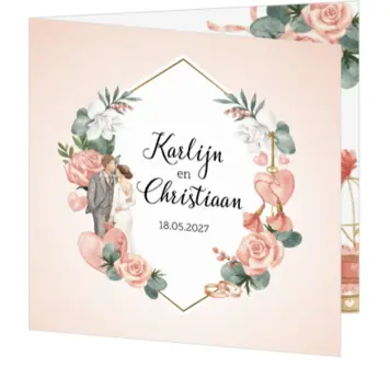 Trouwkaart - Roze bloemen met koppel