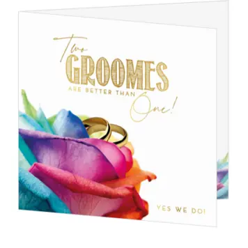 Trouwkaart kleurrijke roos met ringen