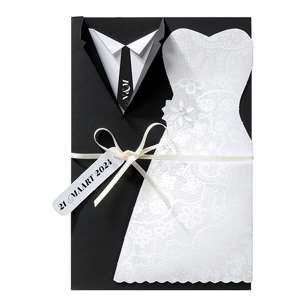 Originele trouwkaart met trouwkleding en veel luxe details