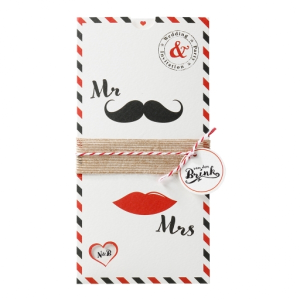 Trouwkaart Originele Mr & Mrs trouwkaart in reisenveloppe met applicaties