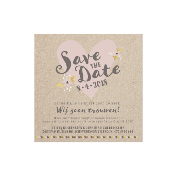 Trouwkaart Save the date passend bij de trouwkaart in de stijl van een moderne liefdesbrief