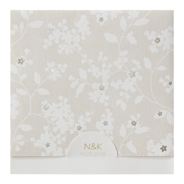 Trouwkaart Stijlvolle vierkante trouwkaart met bloemetjes en platinafolie