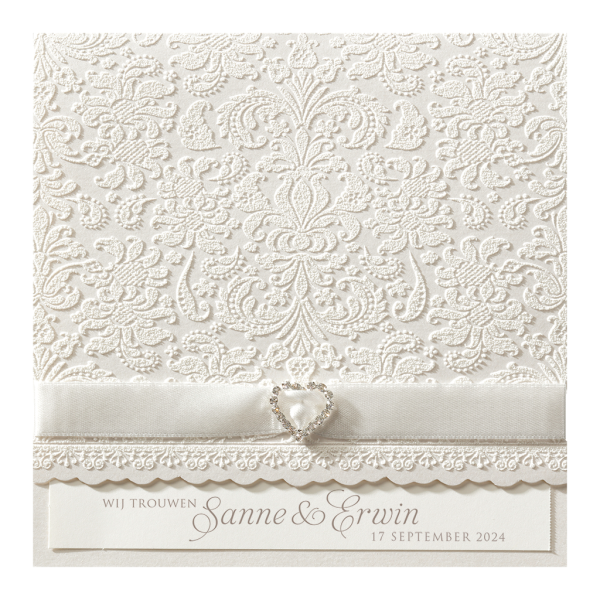 Trouwkaart Klassieke trouwkaart met strass steentjes en chique lint