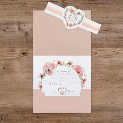 Trouwkaart Luxe trouwkaart met wikkel en bloemmotief en satijnen lint