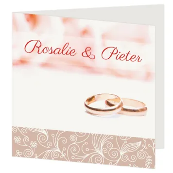 Trouwkaart roos met ringen