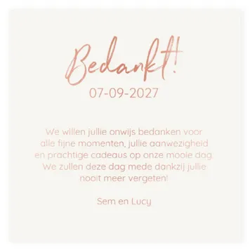 Bedankkaart enkel vierkant met glimmend rose goud