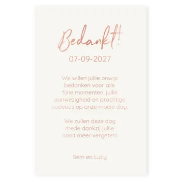 Bedankkaart enkel staand met glimmend rose goud
