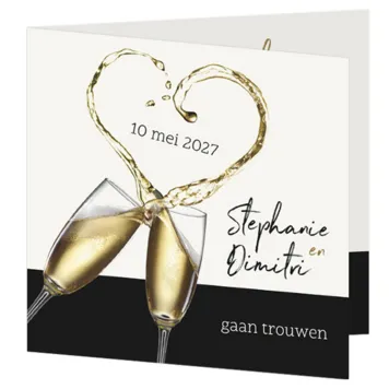 Trouwkaart champagneglazen hart