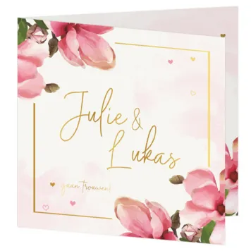 Trouwkaart roze bloemen waterverf met foliedruk