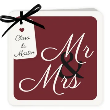 Trouwkaart donker rode Mr & Mrs met label