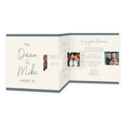 Trouwkaart parelmoer blauwe streep met foto's