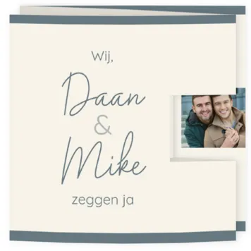 Trouwkaart parelmoer blauwe streep met foto's