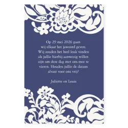 Save the date blauw met wit kant