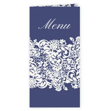 Menukaart donker blauw met wit kant