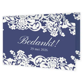 Bedankkaart blauw met wit kant