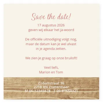 Save the date kaart met hart en hout