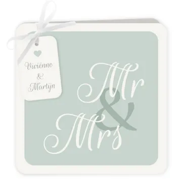 Trouwkaart oud groene Mr & Mrs met label