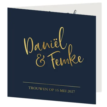 Trouwkaart donkerblauw met goud foliedruk