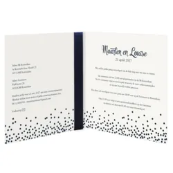 Trouwkaart met blauw lint en goud foliedruk