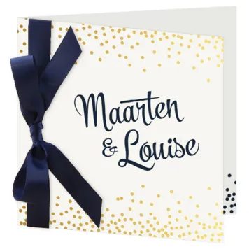 Trouwkaart met blauw lint en goud foliedruk