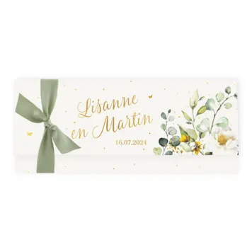 Trouwkaart met bloemen smal mapje met lint en goudfolie