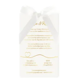 Trouwkaart hoesje glimmend goud met witte strik