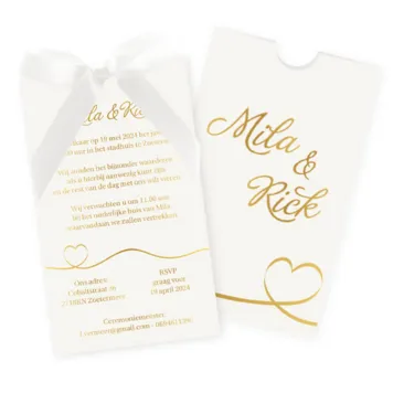 Trouwkaart hoesje glimmend goud met witte strik