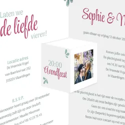 Trouwkaart botanisch drieluik groen en roze