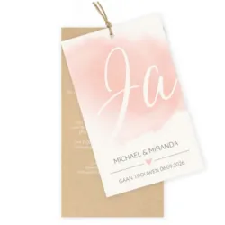 Trouwkaart label aquarel en jute touw