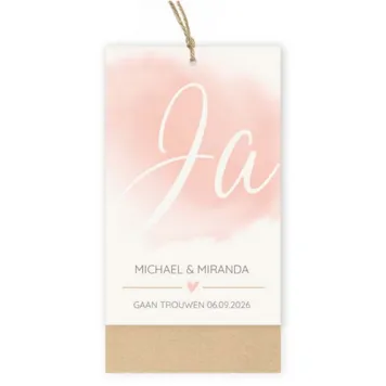 Trouwkaart label aquarel en jute touw