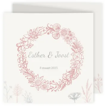 Trouwkaart roze en zilveren bloemen