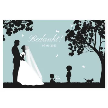 Bedankkaart silhouet bruidspaar blauw