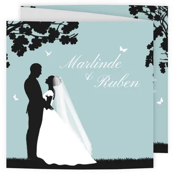 Trouwkaart silhouet bruidspaar met kinderen blauw