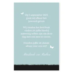 Save the date silhouet bruidspaar blauw
