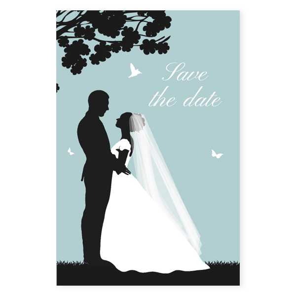 Save the date silhouet bruidspaar blauw