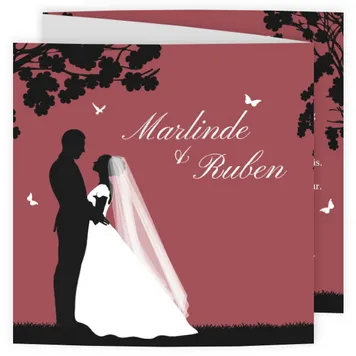 Trouwkaart silhouet bruidspaar met kinderen rood