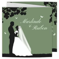 Trouwkaart silhouet bruidspaar met kinderen groen