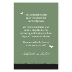 Save the date kaart silhouet bruidspaar groen