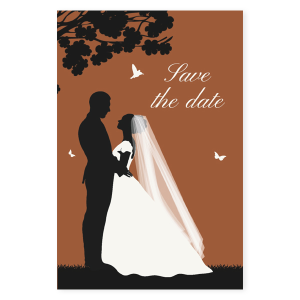 Save the date kaart silhouet bruidspaar bruin