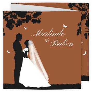 Trouwkaart silhouet bruidspaar met kinderen bruin